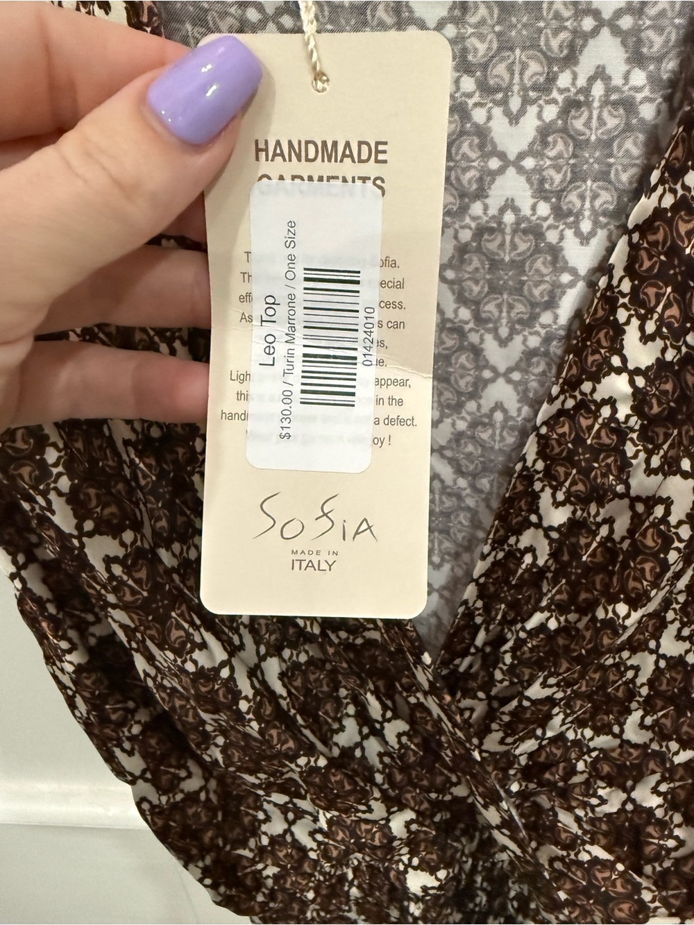 Sofia Made in Italy Leo Wrap Top OneSize Brown Ivory Abstract Print Surplice NWT - Picture 4 of 5